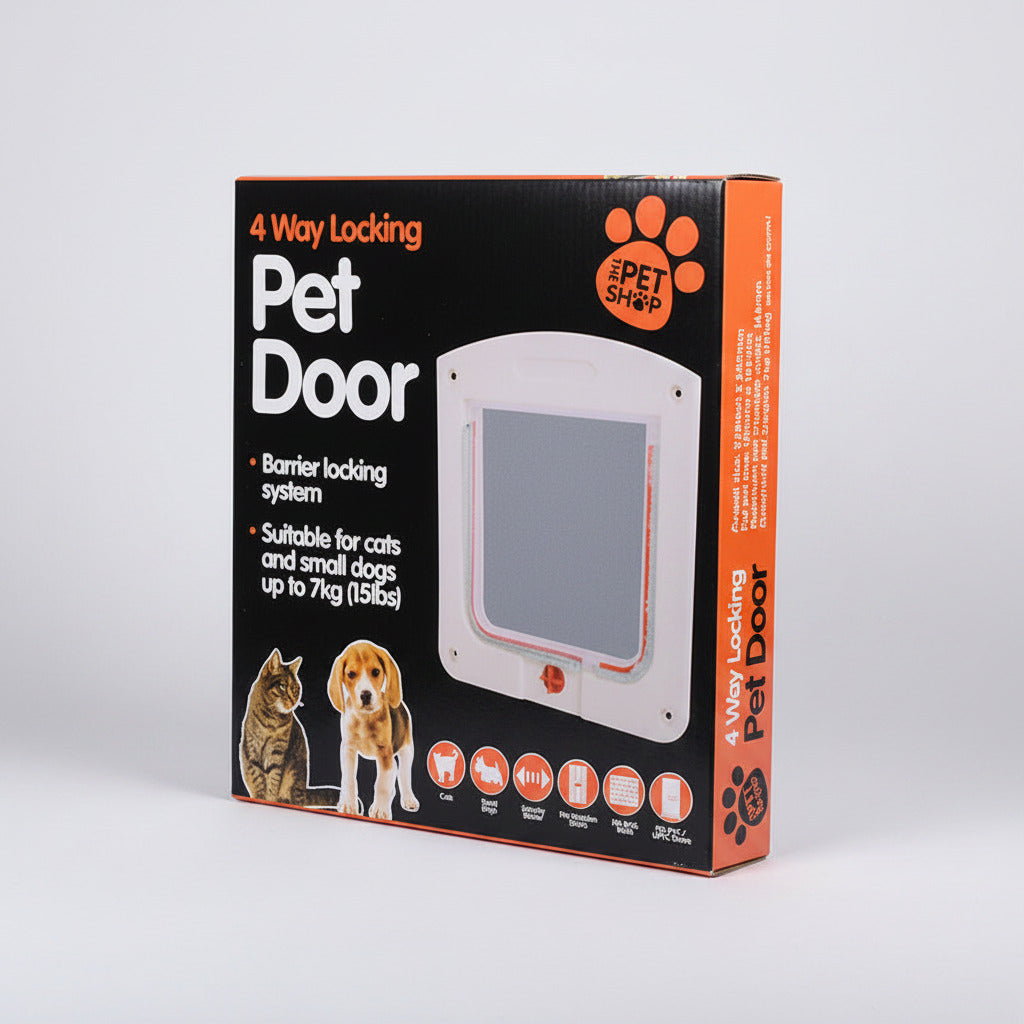Pet door retail box showing white two-way door window and red paw logo