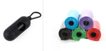 Pet waste bag holder with black clip and assorted rolled bag colors