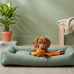 Oranges Mop-Plüsch-Ente-Spielzeug mit gelbem Schnabel und schwarzen Beinen, Hund spielt damit