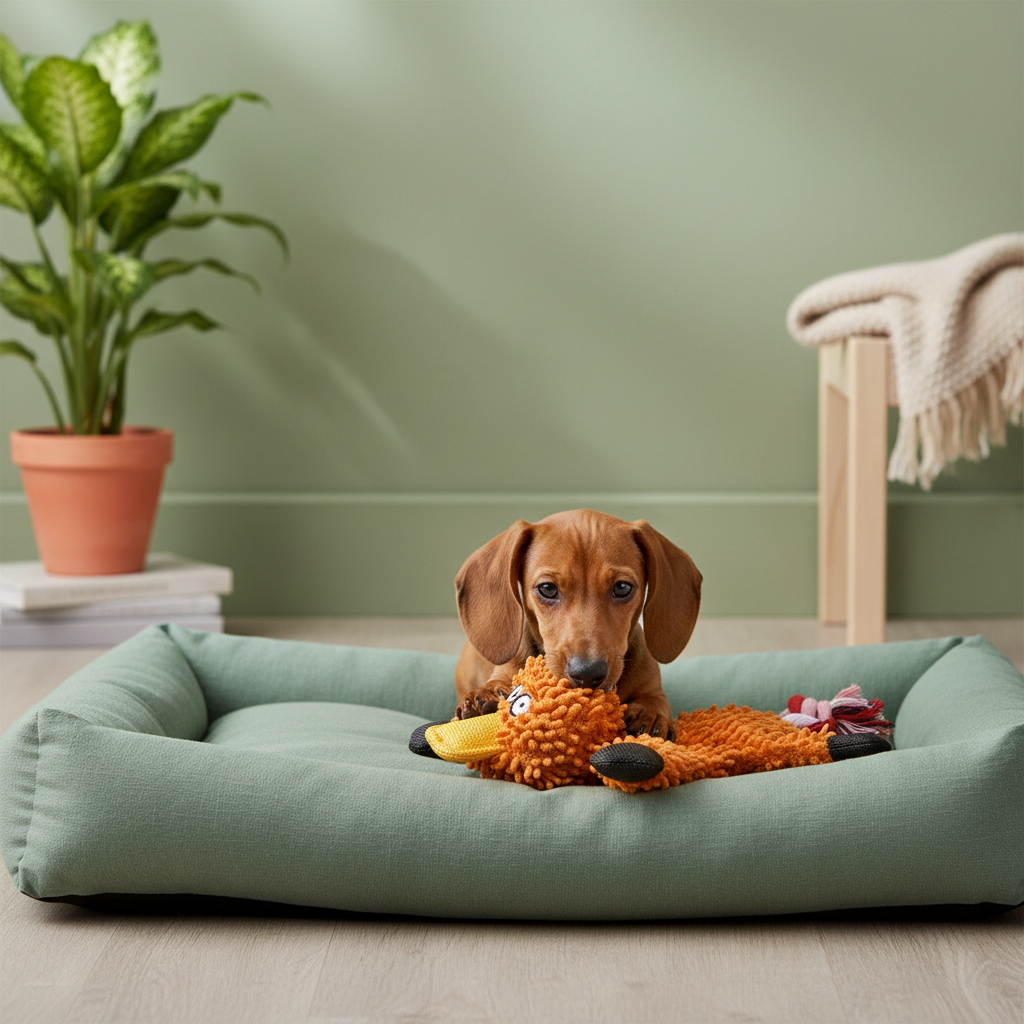 Oranges Mop-Plüsch-Ente-Spielzeug mit gelbem Schnabel und schwarzen Beinen, Hund spielt damit