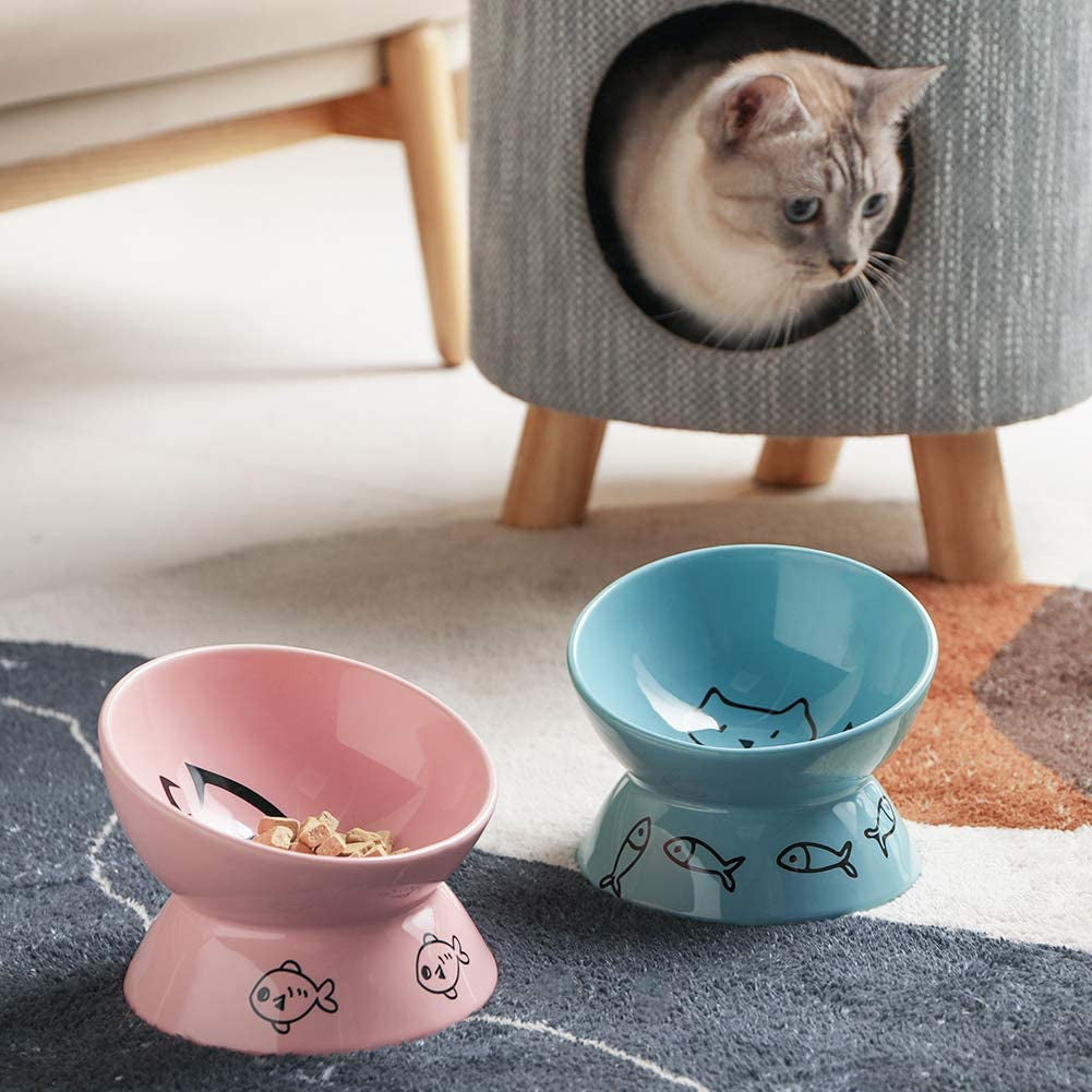 Raised cat food bowls, pink and blue, with fish and cat icons