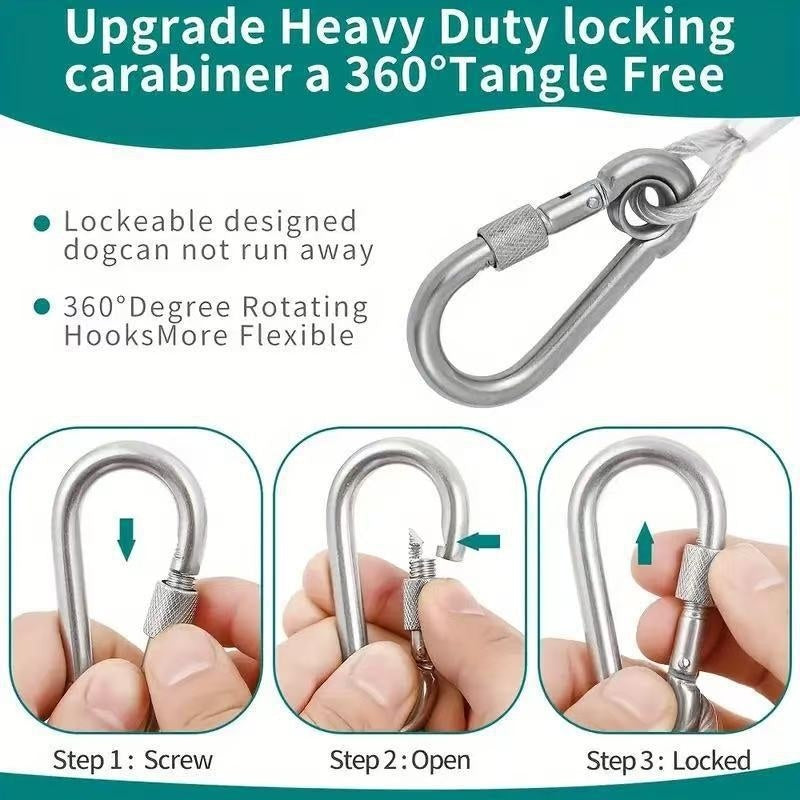 Locking metal carabiner and rotating swivel on a gray rope dog leash