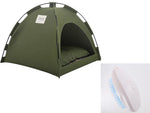 Pet tent bed with cushion in olive green, front view with mesh door and base skirt