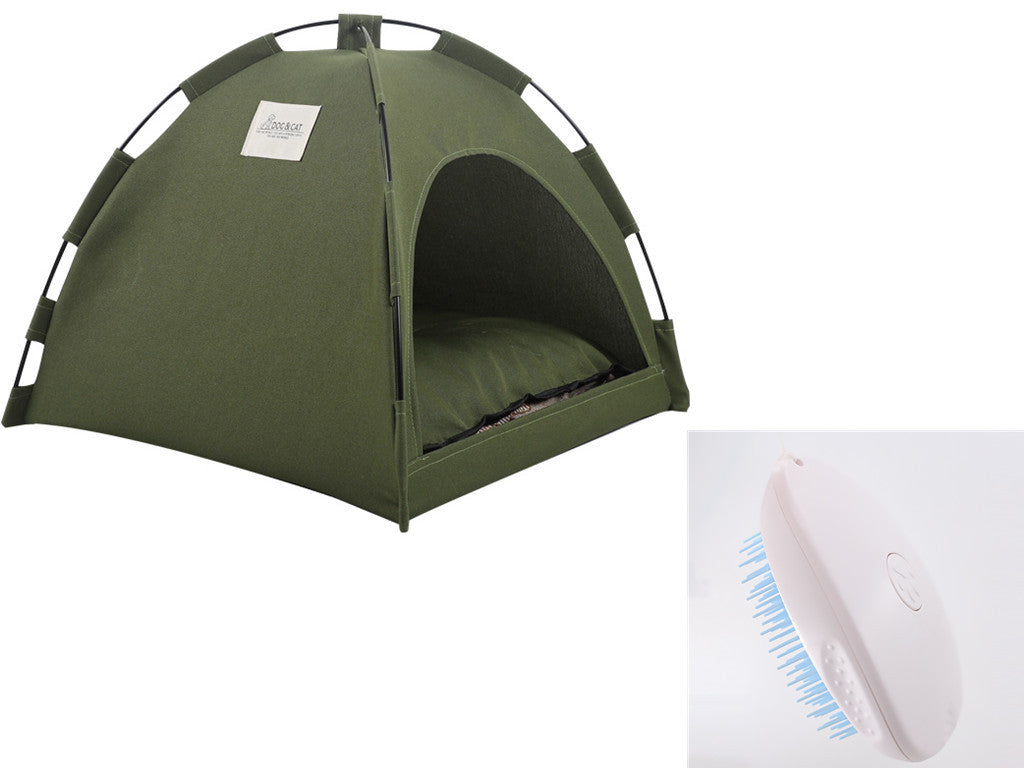 Pet tent bed with cushion in olive green, front view with mesh door and base skirt