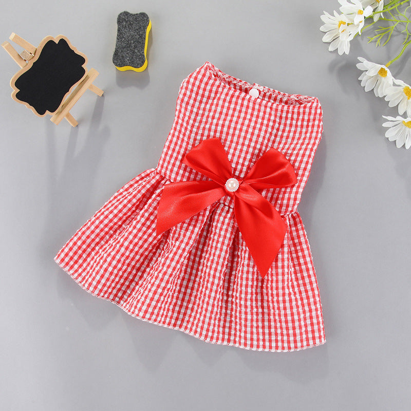 Red gingham pet dress skirt with red ribbon bow