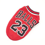 Red mesh basketball jersey with striped collar and “BALLS 23” number graphic