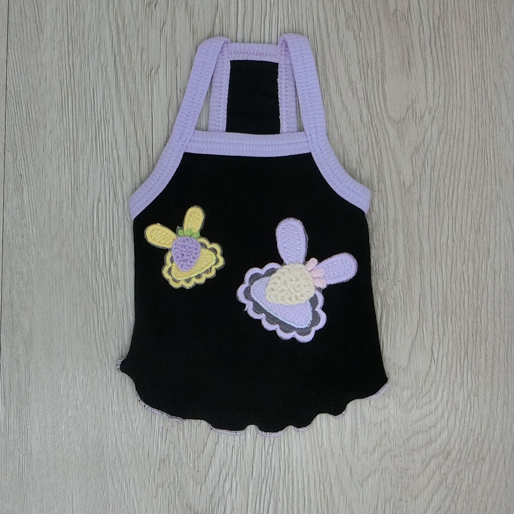 Black cotton suspender pet vest with lavender trim and embroidered flower appliques