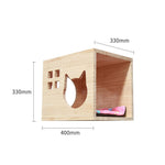 Wooden cat house panel with arched entrance, lattice window, and inner platform