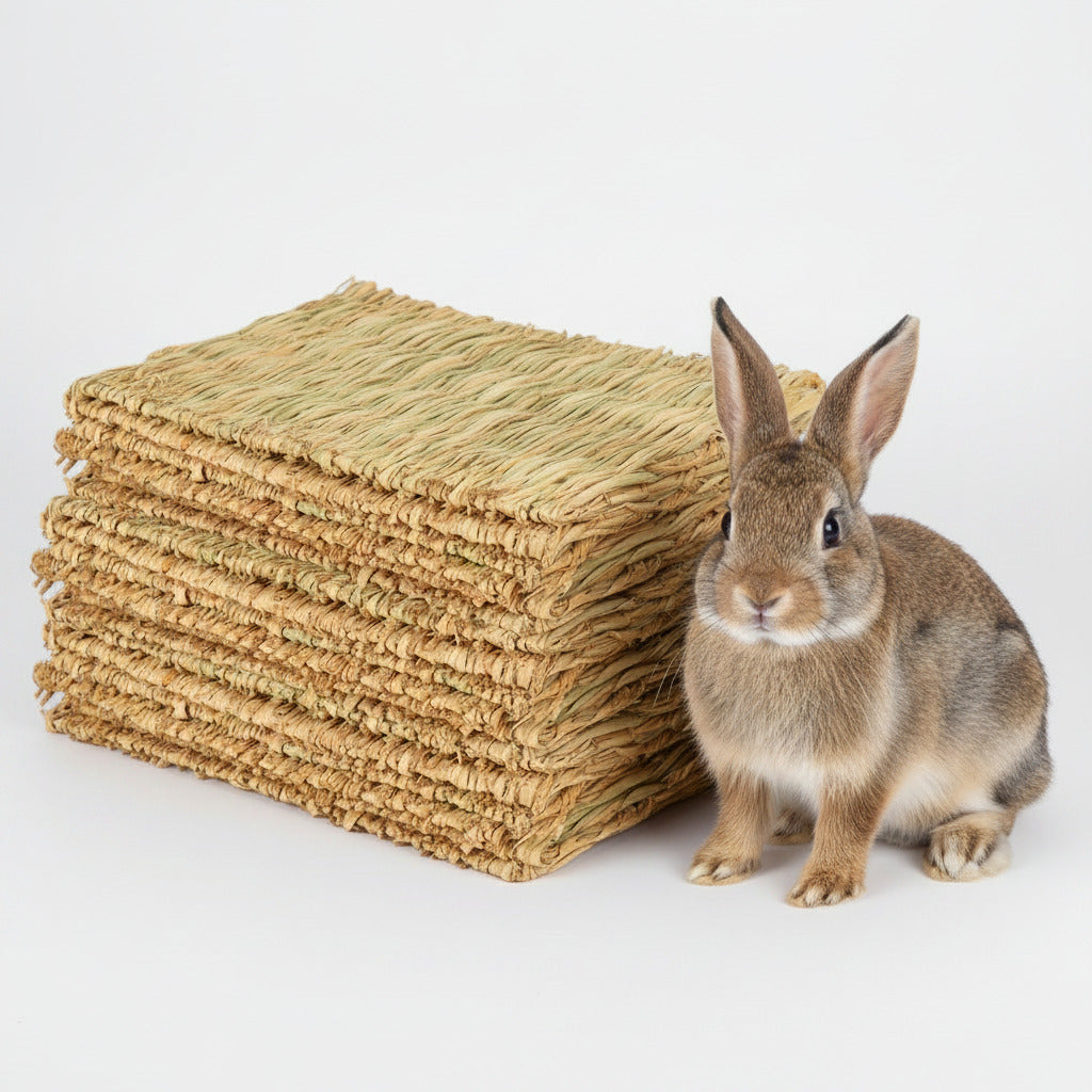Woven grass pet mat bundle, natural straw color, folded stack
