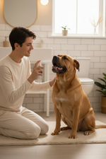 Pet tooth cleaning spray bottle held near sitting tan dog during brushing