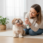 Pet tooth cleaning spray bottle near small white dog held by kneeling woman