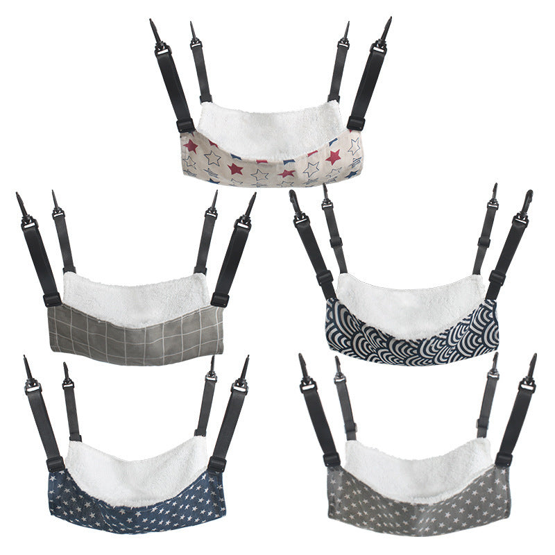 Cat cage hanging hammock bed set with plush white lining and black hanging straps