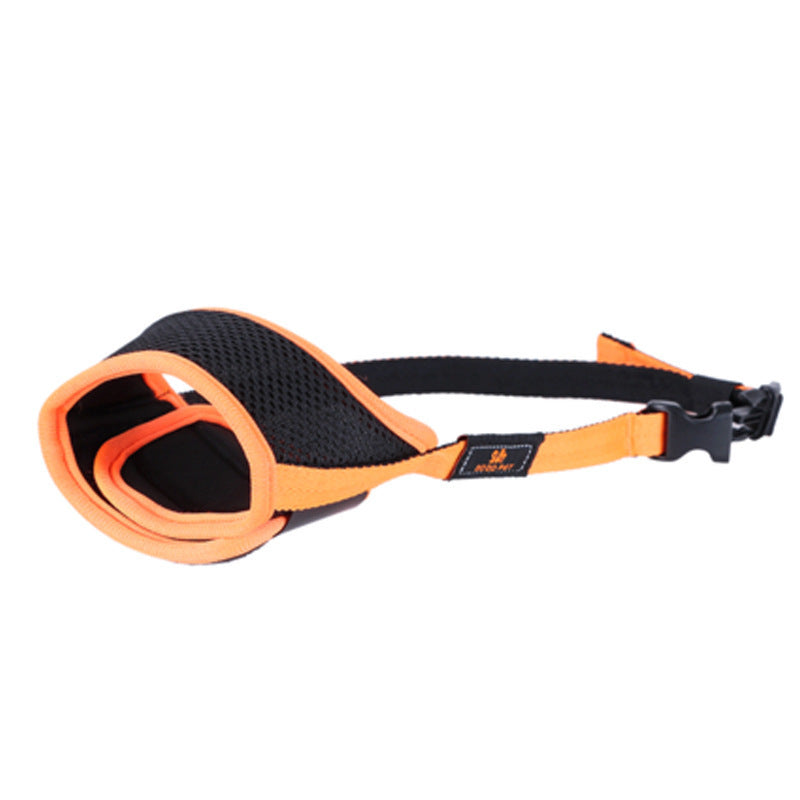 Orange-and-black adjustable pet muzzle mask with mesh guard and buckle