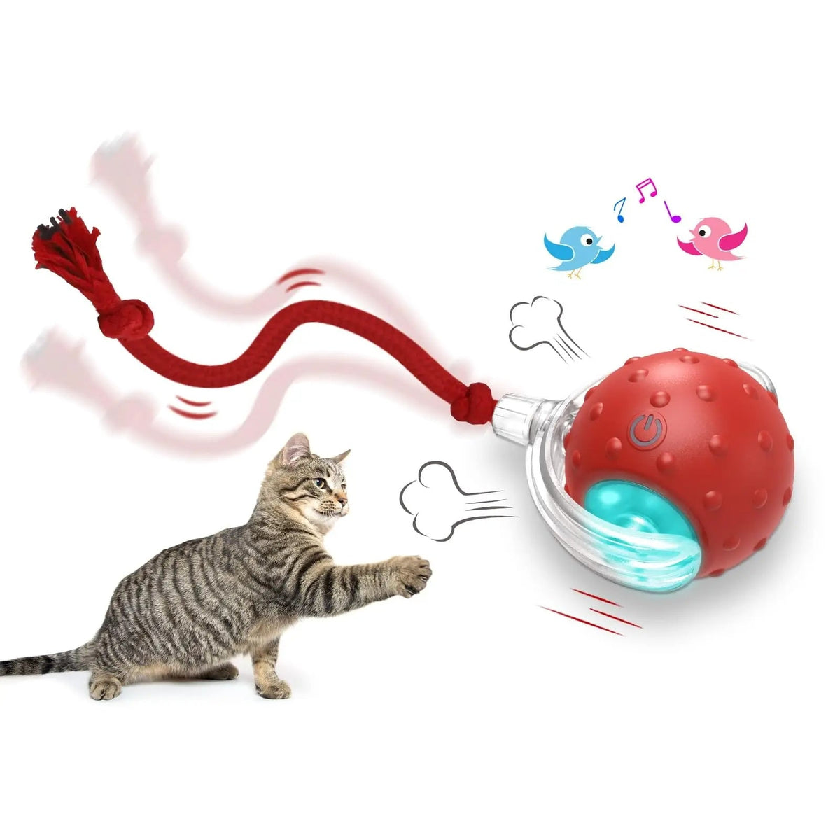 Red interactive cat toy ball with clear front and red rope cord, for rolling play