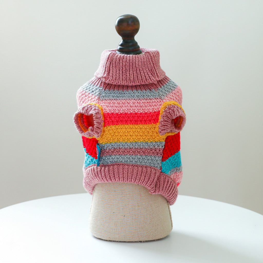Pet striped acrylic sweater on mannequin, ribbed turtleneck and colorful horizontal bands