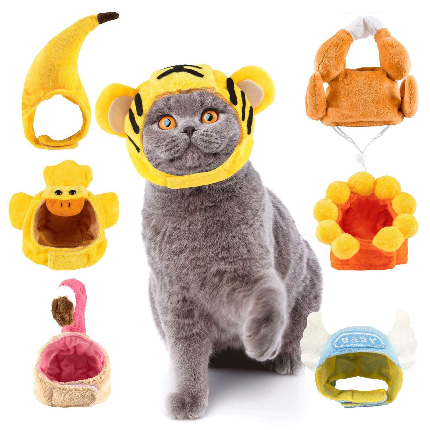 Tiger-themed plush pet hat with striped face and large blue eyes