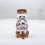 Pet sweater with hood, white knit with black-and-pink animal pattern, pom, four-leg