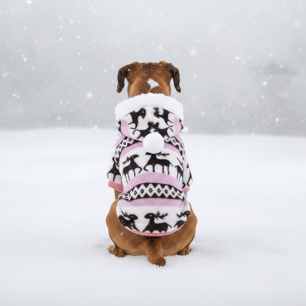 Pet sweater with hood, white knit with black-and-pink animal pattern, pom, four-leg