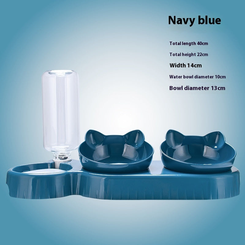 Navy blue pet feeding station with auto water dispenser and two raised food bowls
