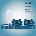 Navy blue pet feeding station with auto water dispenser and two raised food bowls