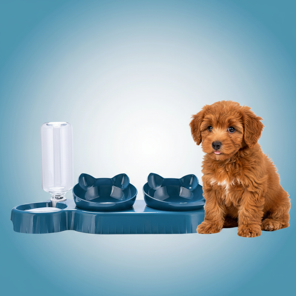 Dark blue pet feeding station with auto water dispenser and two raised food bowls