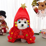 Red Christmas tree hooded pet costume with gold star, multicolor pom-poms, and white dangling ties
