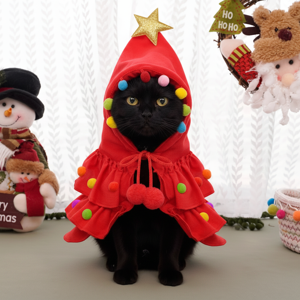 Red Christmas tree pet costume with gold star hood, multicolor pom-poms, white drawstring