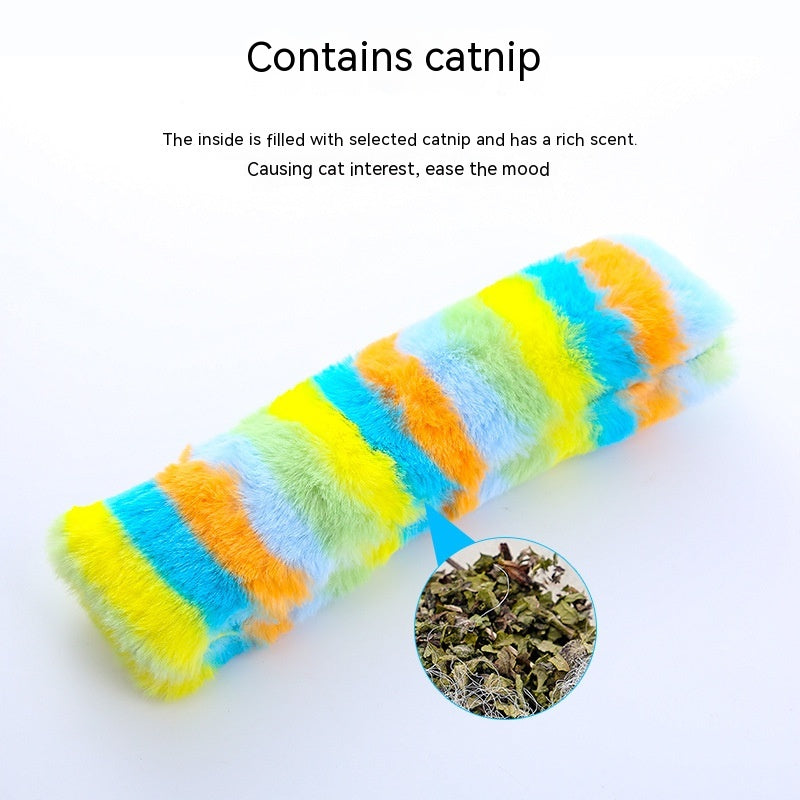 Long plush cat pillow toy with rainbow stripes and catnip shown below