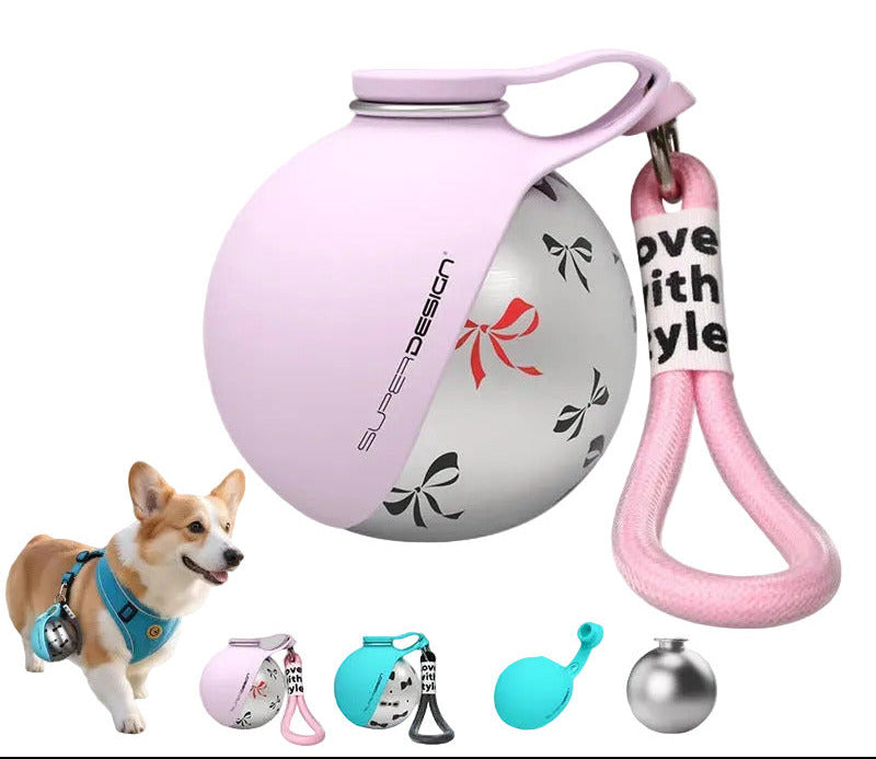 Portable stainless steel pet water cup, pink with floral graphic and carry strap