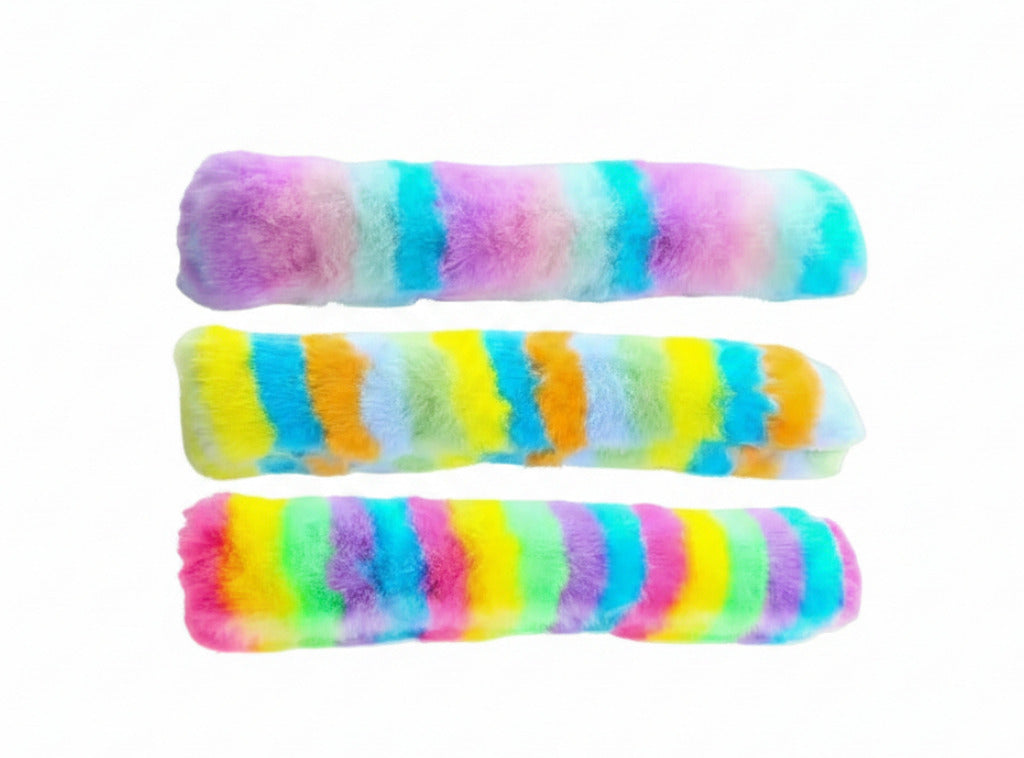 Long plush cat pillow toy in rainbow stripes, shown in three color options