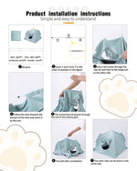 Pet tent bed setup instructions panel with step-by-step photos and diagram