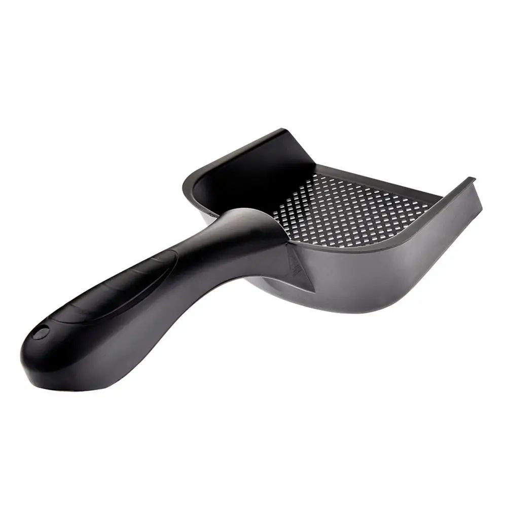 Black plastic cat litter scoop with curved handle and perforated sifting tray