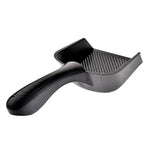 Black plastic cat litter scoop with curved handle and perforated sifting tray
