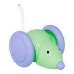 Green and purple automatic cat teaser mouse toy with curved teaser wand and side wheels