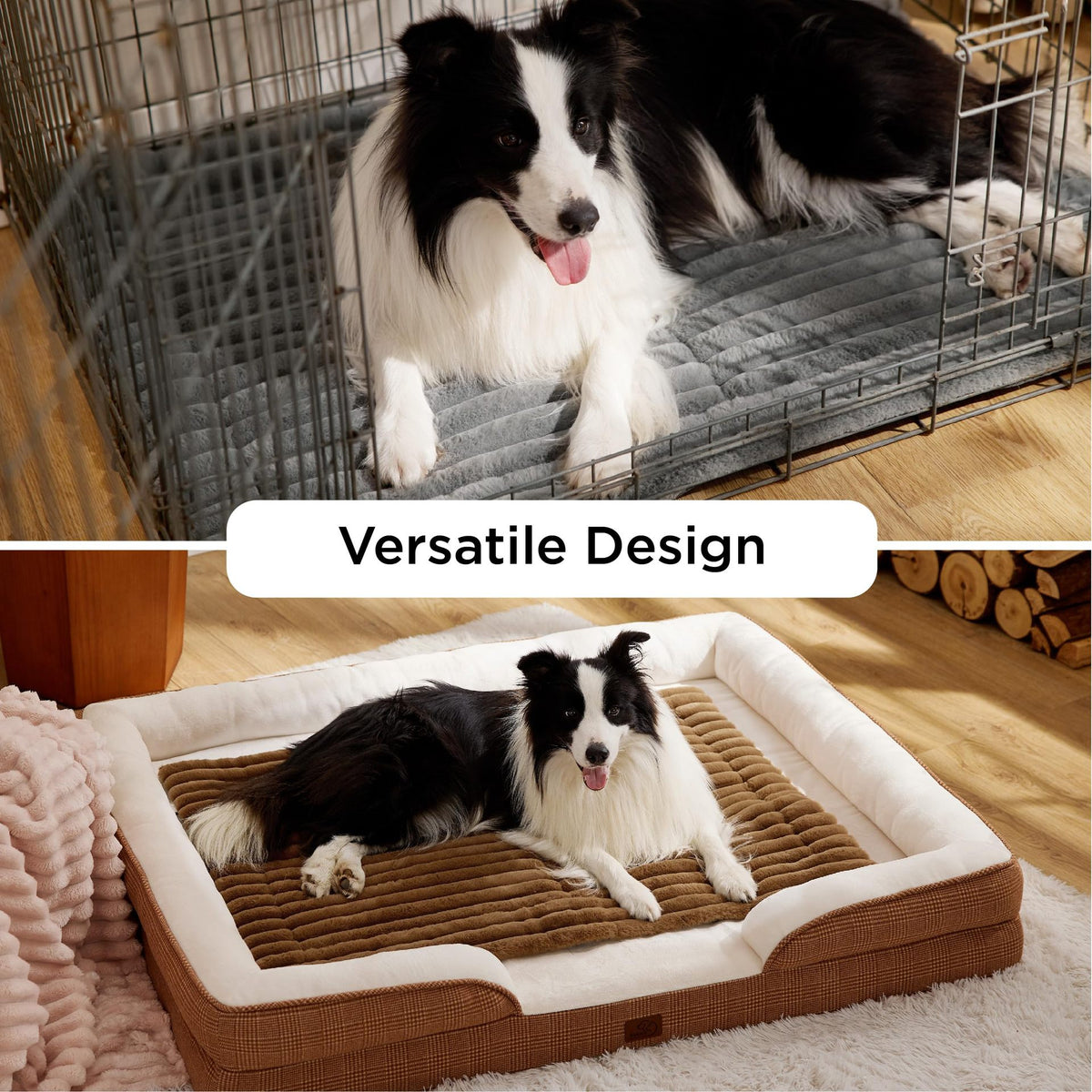 Dark gray faux rabbit fur pet mat with ribbed surface, used inside a pet pen.