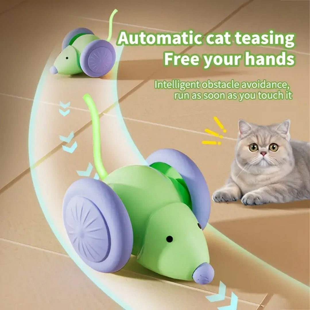 Green automatic cat teaser mouse toy on wheels with curved teaser wand and earbuds