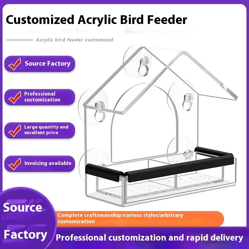 Clear acrylic bird feeder housing with black tray and suction-cup mounts for walls