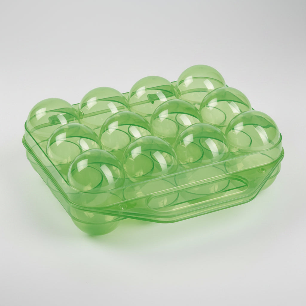 Plastic egg storage box with handle, clear green tray holding translucent green eggs
