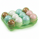 Plastic egg storage box with handle, clear green tray with pastel and speckled eggs