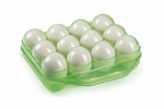 Plastic egg storage box with handle, clear green tray holding off-white eggs