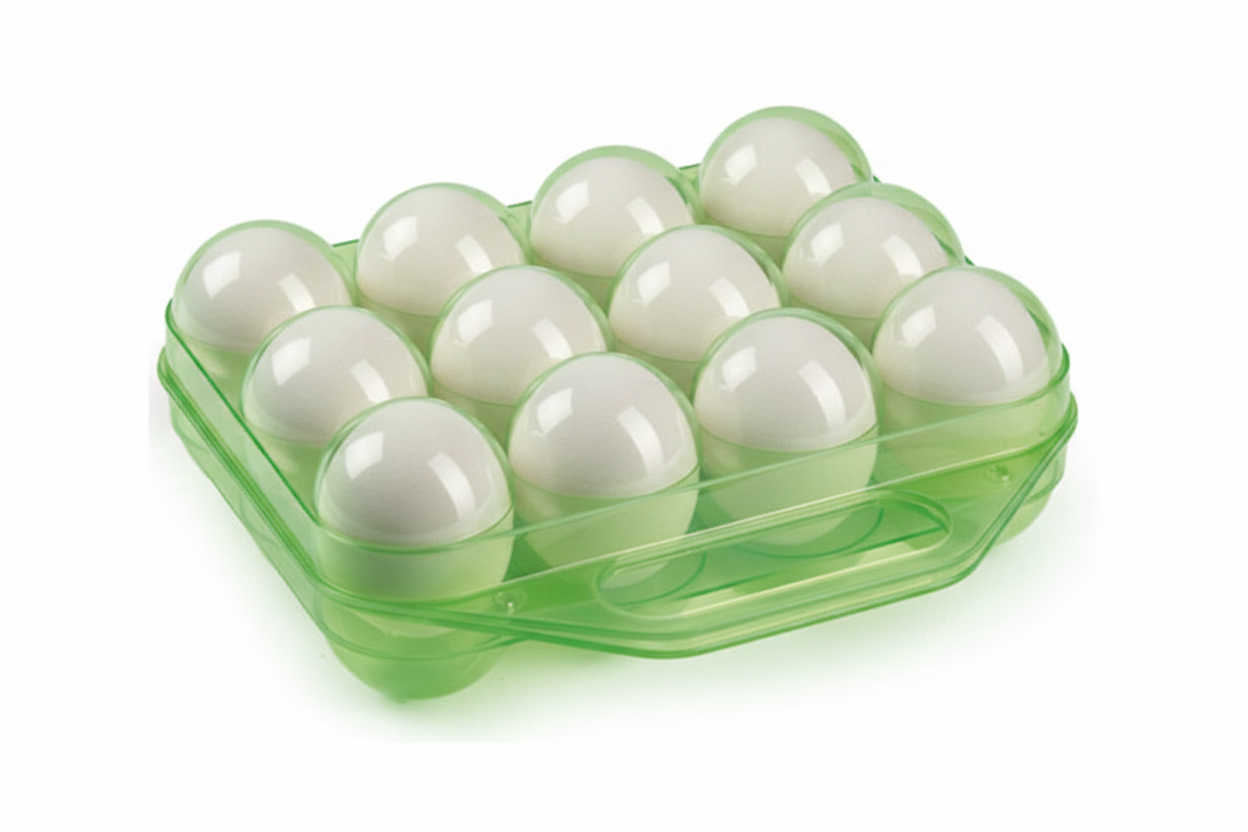 Plastic egg storage box with handle, clear green tray holding off-white eggs