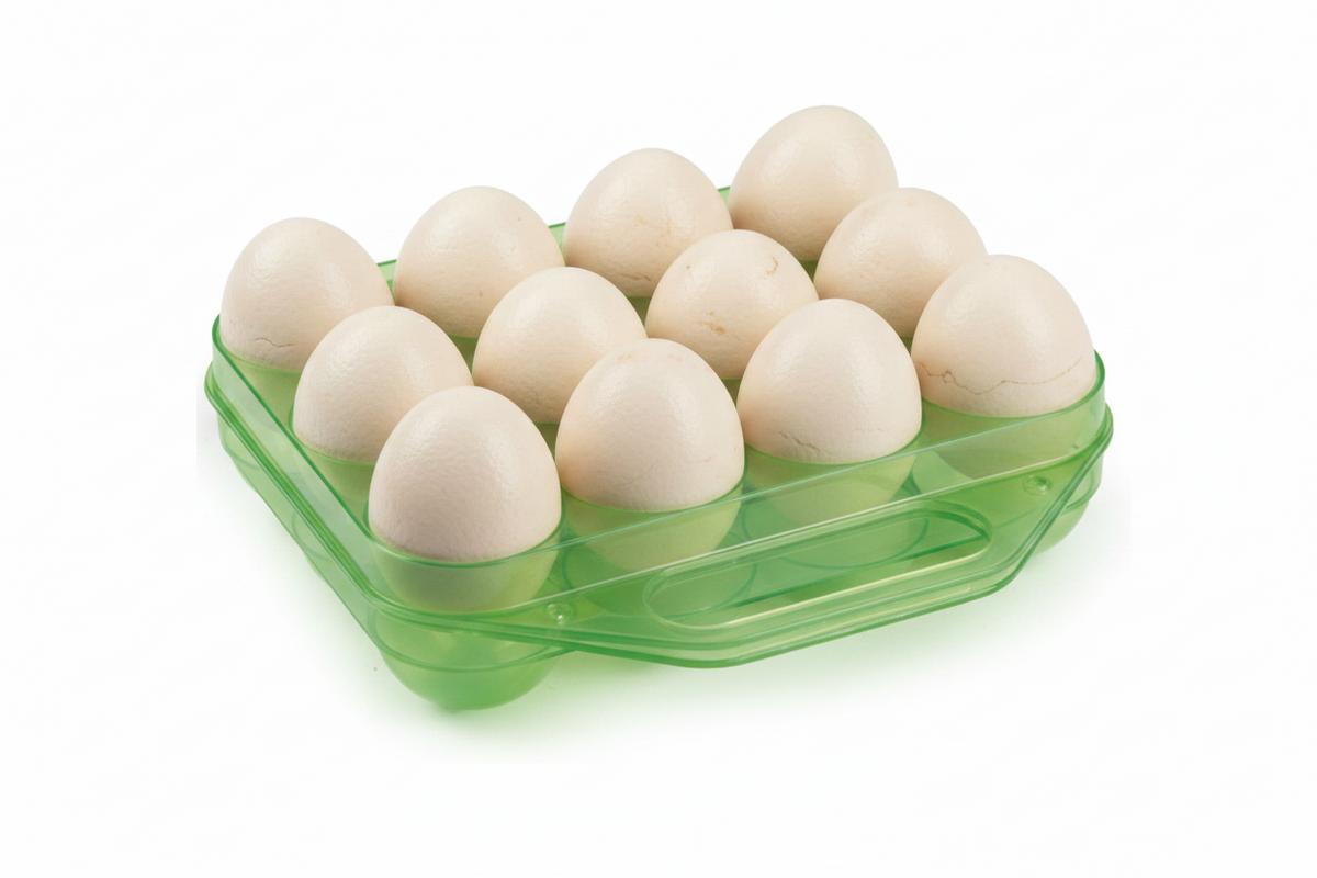 Plastic egg storage box with handle, clear green tray holding white eggs