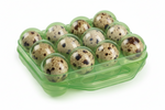 Plastic egg storage box with handle, clear green tray holding speckled eggs
