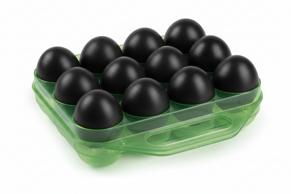 Plastic egg storage box with handle, clear green tray holding black eggs