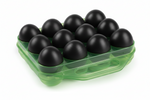 Plastic egg storage box with handle, clear green tray holding black eggs