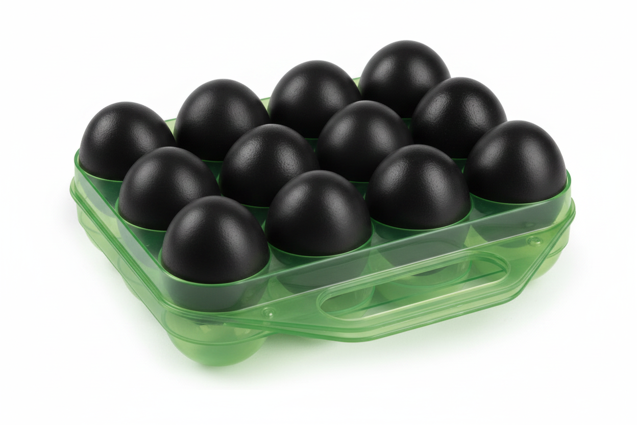 Plastic egg storage box with handle, clear green tray holding black eggs