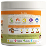 Back label of glucosamine hemp treat container with directions and health claims