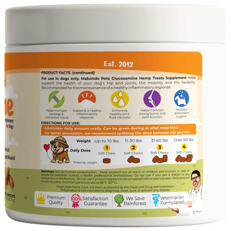 Back label of glucosamine hemp treat container with directions and health claims