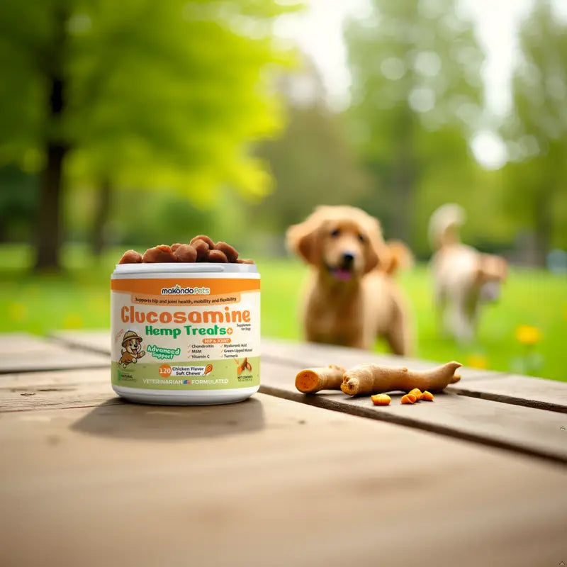 Glucosamine hemp treat jar with golden soft chews on a wooden tabletop