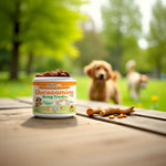 Glucosamine hemp treat jar with golden soft chews on a wooden tabletop